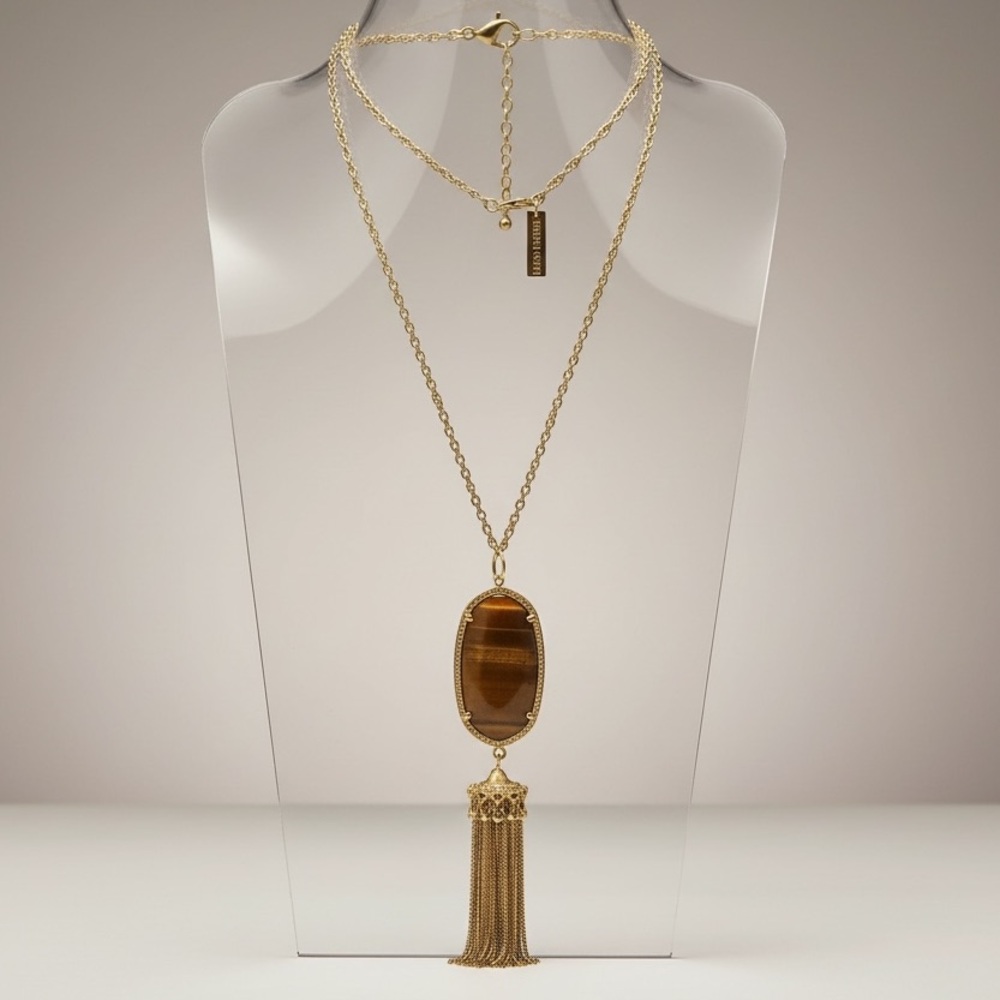 Kendra Scott Rayne Tassel Pendant Necklace Gold Tone Tigers Eye Stone